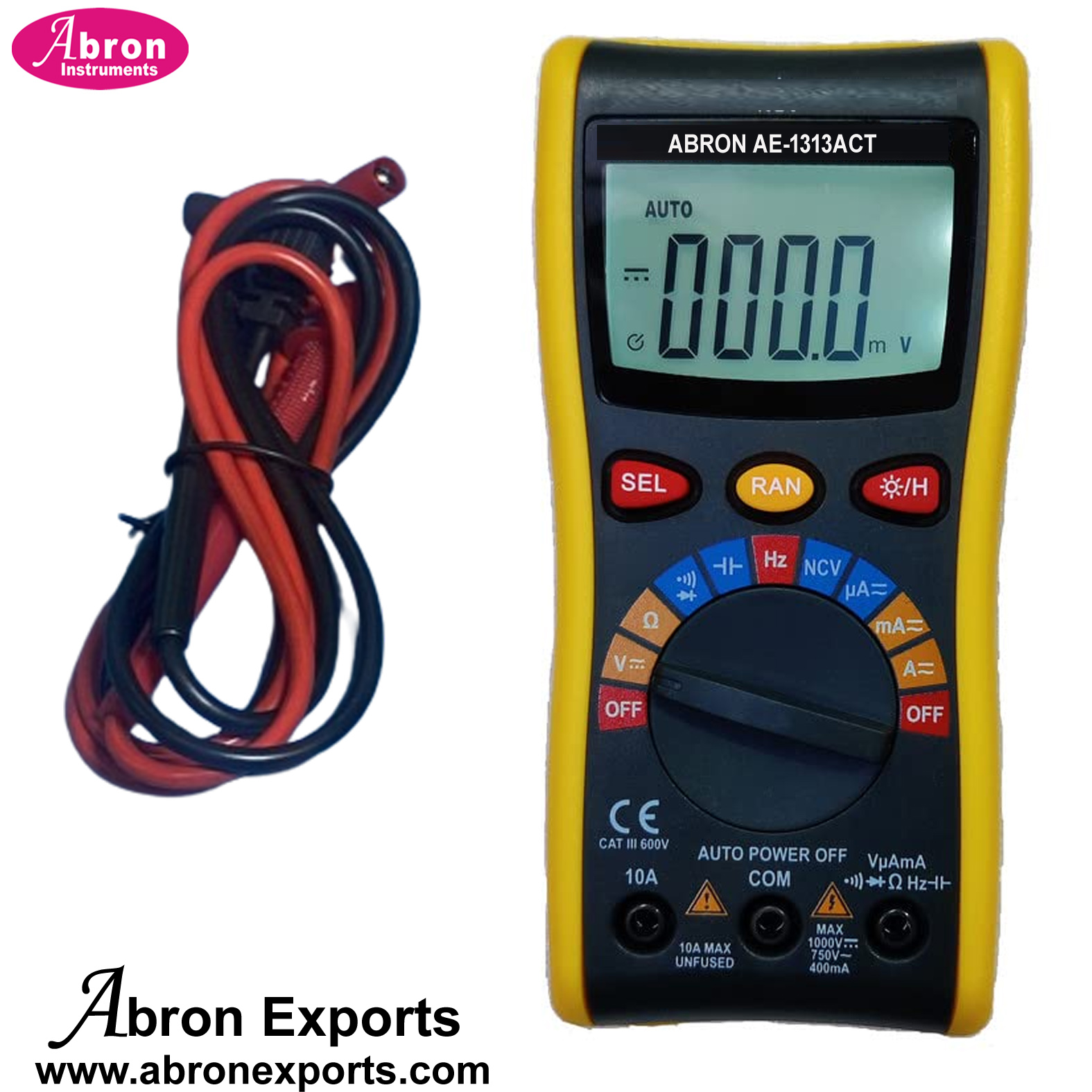Multimeter 3.5 Digital Auto Range Temperature 6000Count 1000VDC 750VAC check Current Resistance Capacitance Frequency Hz Diode T RMD Continuity Data Hold Backlight Abron AE-1313ACT 